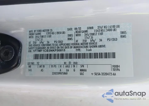 2022 Ford F-150 Xl из США, поврежденный, VIN 1FTMF1CB3NKF00815